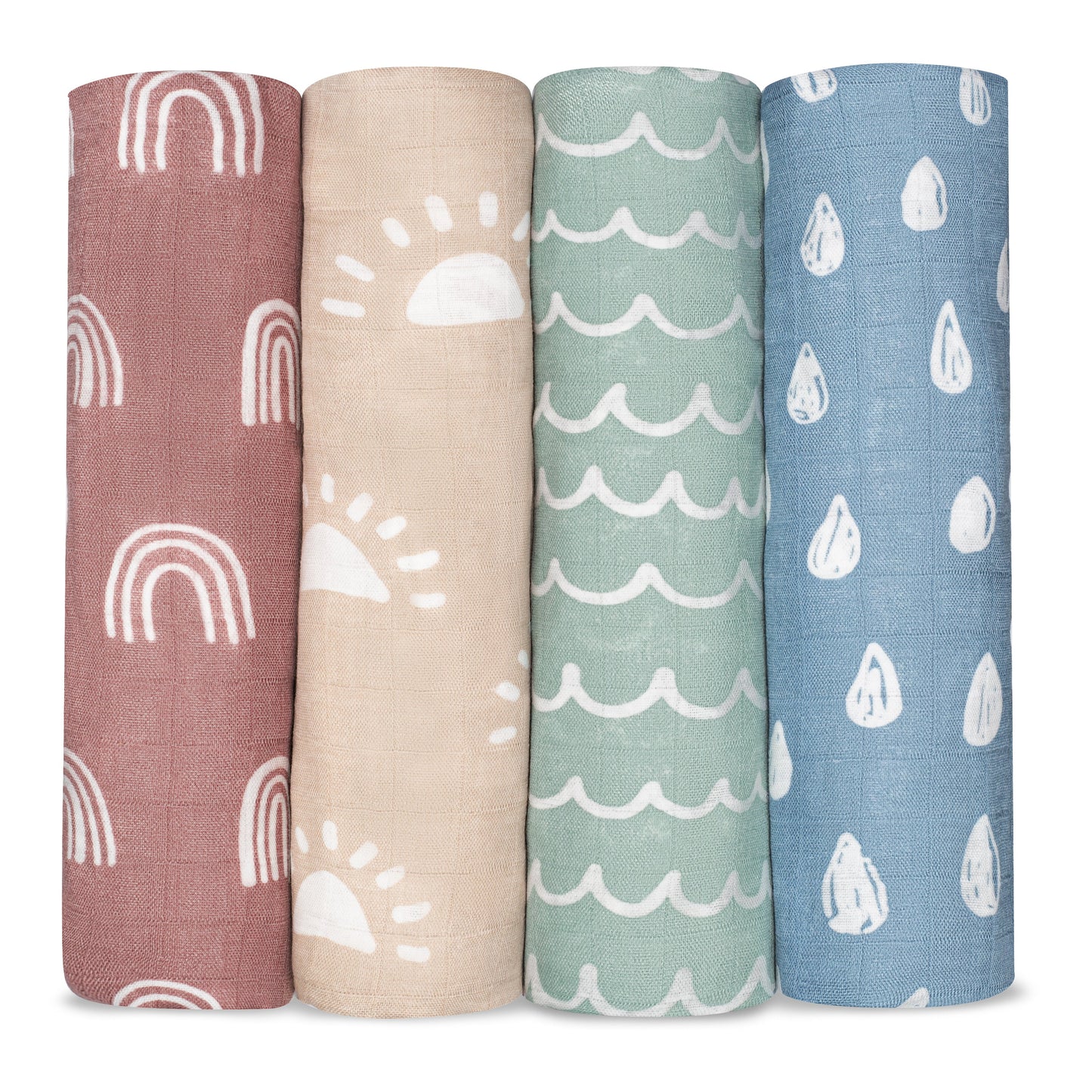 Muslin Swaddle Blankets, 4 Pack - Sun, Rainbow, Rain & Doodle