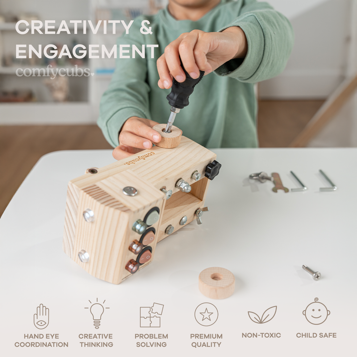 Busy Board Toy Truck Set for 3+ - Natural Wood