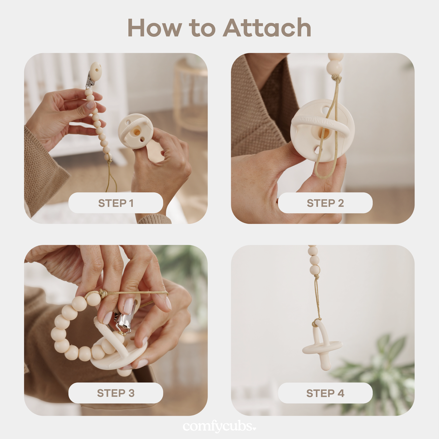 Pacifier Clips, 2 Pack - Beige, Light Beige, & White