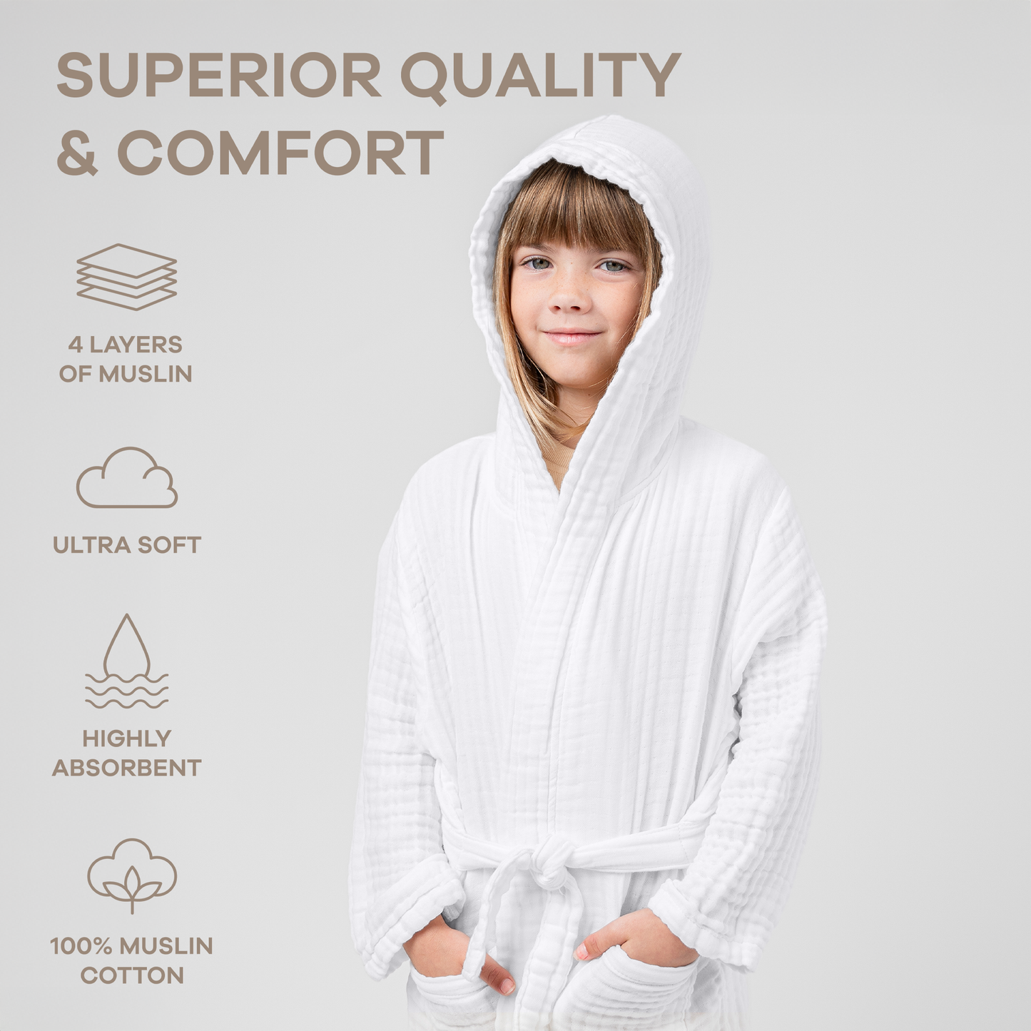 Muslin Bath Robe for Kids, White