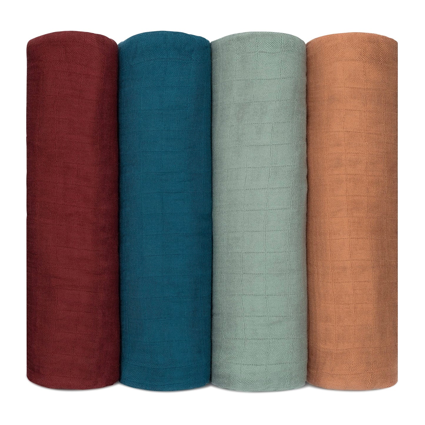 Muslin Swaddle Blankets, 4 Pack - Wine, Neptune, Fern, Caramel