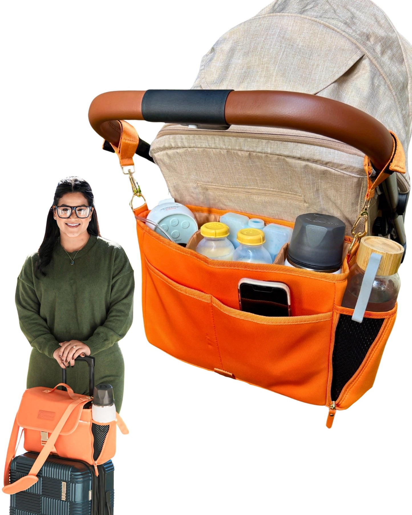 Sarah Wells Deluxe Stroller Caddy Organizer – Insulated, Machine-Washable with Crossbody Strap, Storage Pockets & Luggage Sleeve