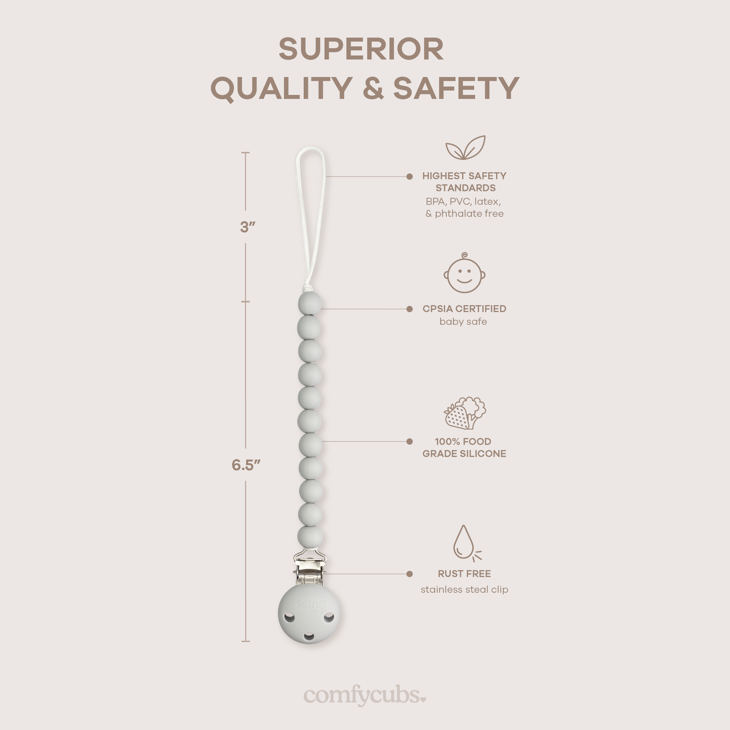 Pacifier Clips, 2 Pack - Grey