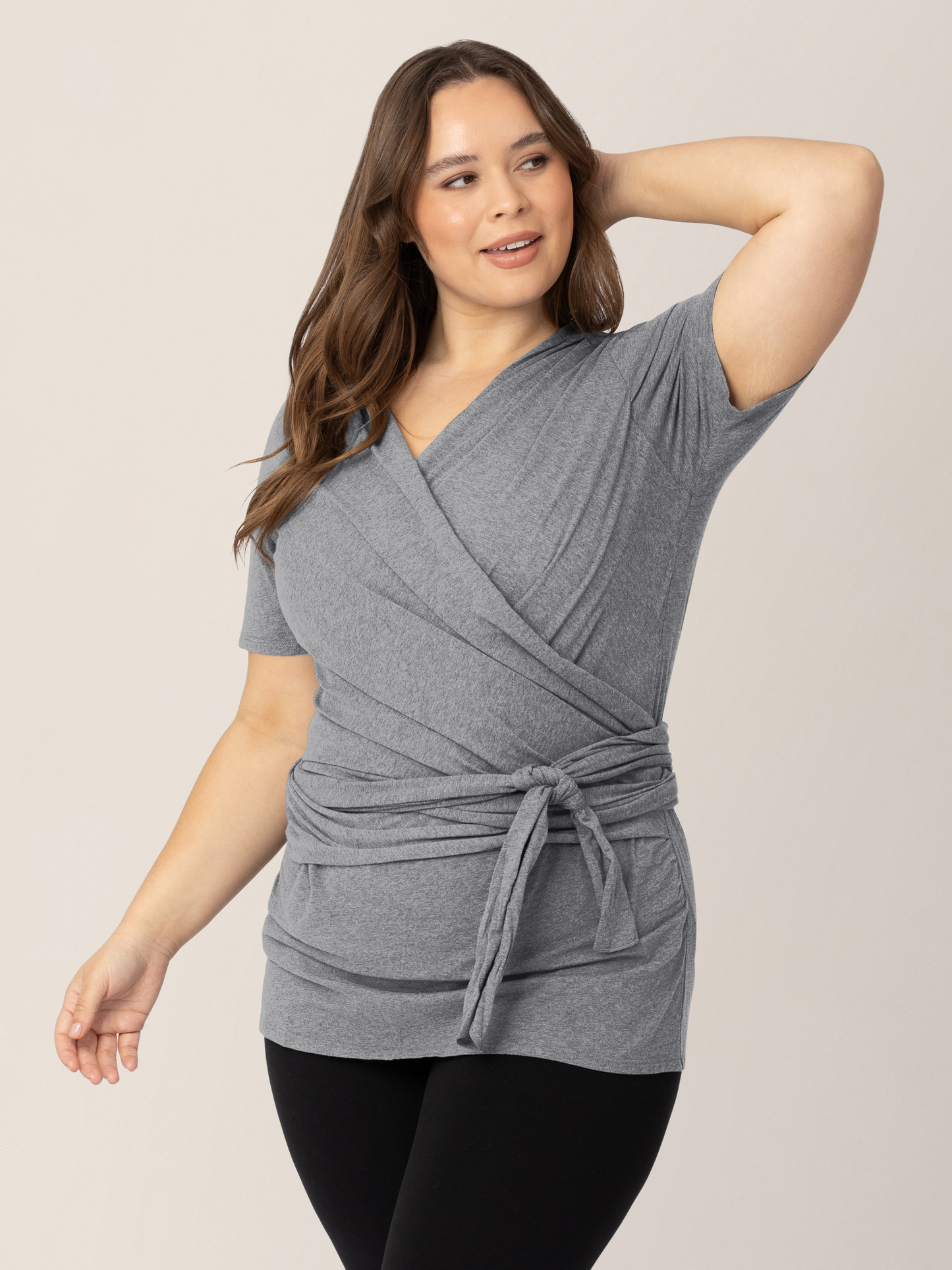 Organic Cotton Skin to Skin Short Sleeve Wrap Top | Charcoal Grey Heather