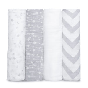 Muslin Swaddle Blankets 47” x 47” in Grey, 4 Pack | Comfy Cubs