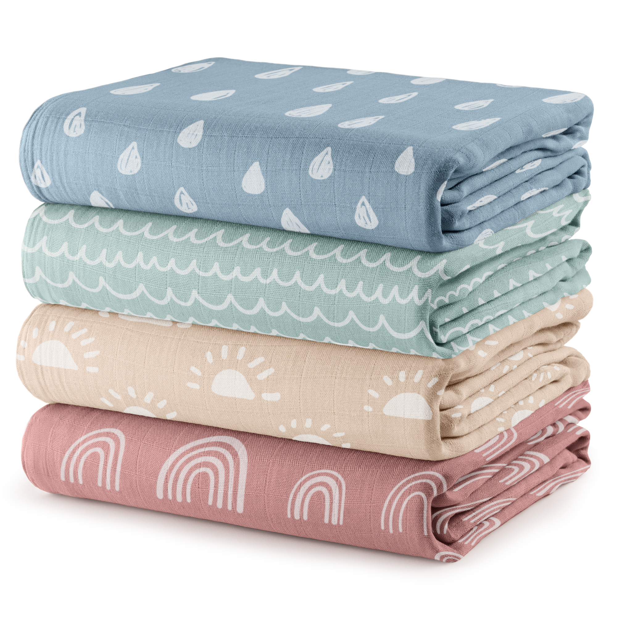 Muslin Swaddle Blankets 47” x 47” in Sun, Rainbow, Rain & Doodle, 4 Pack