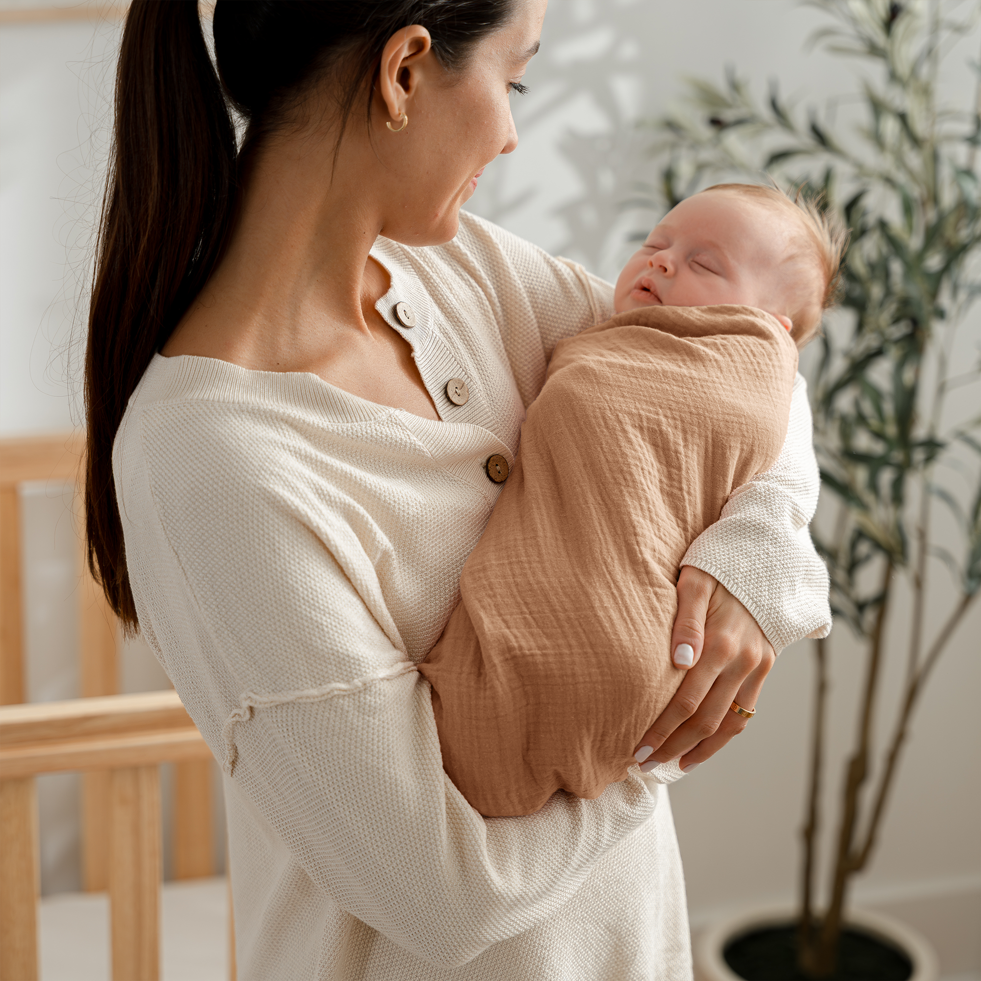 Muslin Swaddle Blankets, 42” x 42” in Sand, Cedar, Caramel, Pack of 3