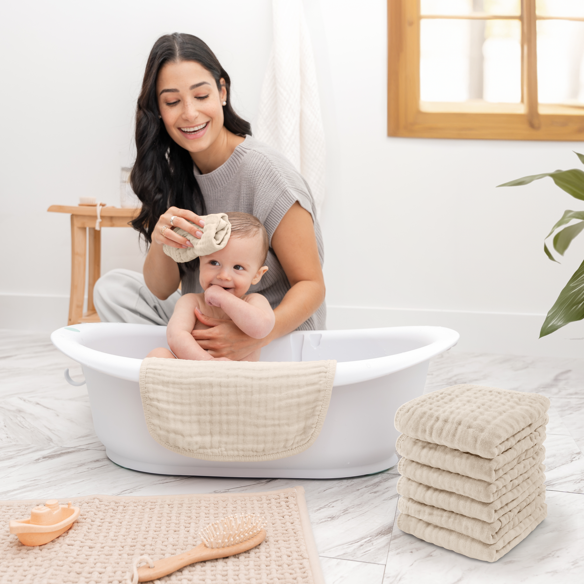 Muslin Washcloths in Sand | Comfy Cubs - additional view