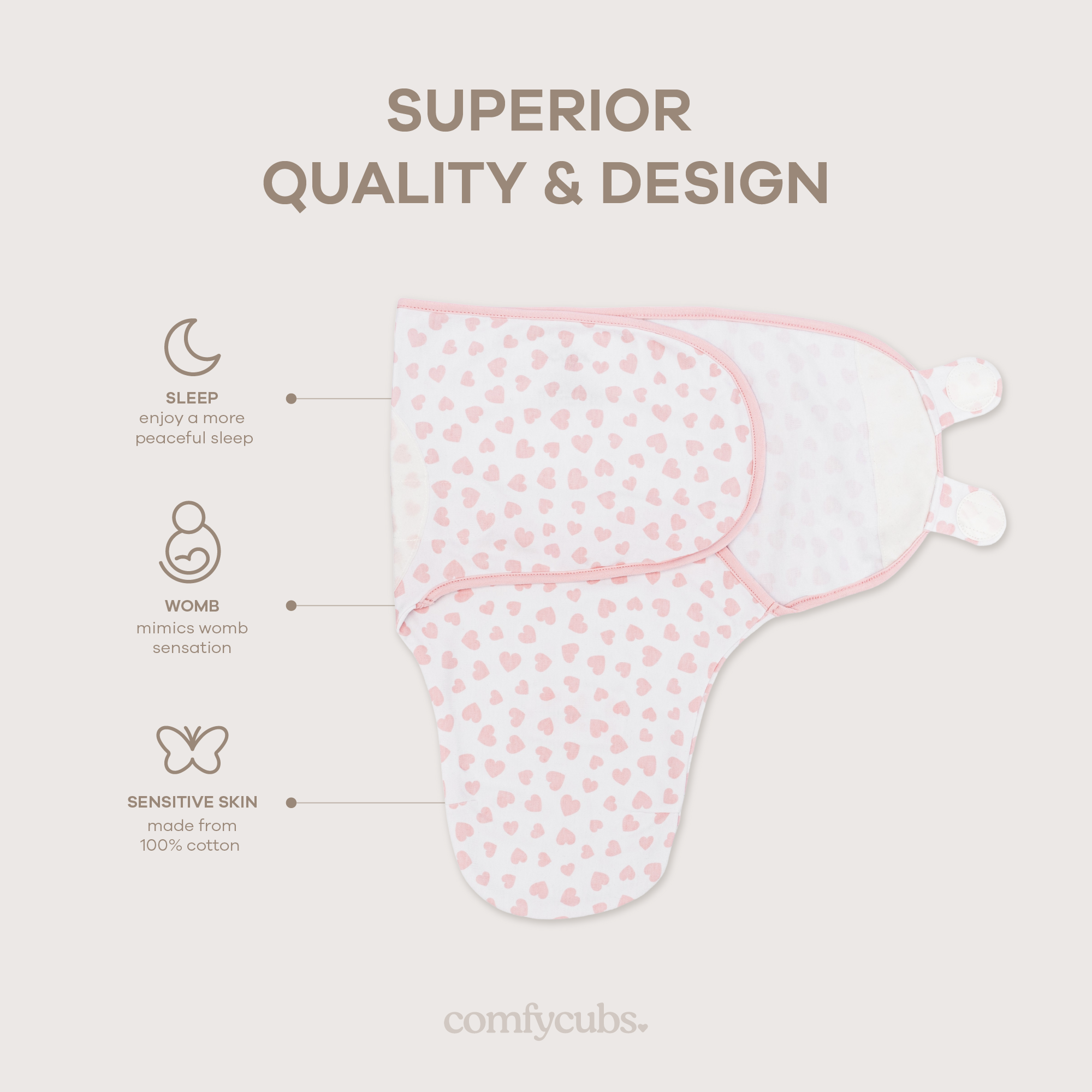 Easy Swaddle Blankets - Pink Heart, Pack of 1 | Comfy Cubs - additional view