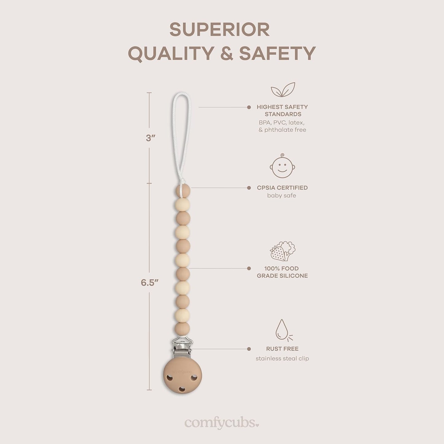 Pacifier Clips, 2 Pack  - Beige, Light Beige, & White