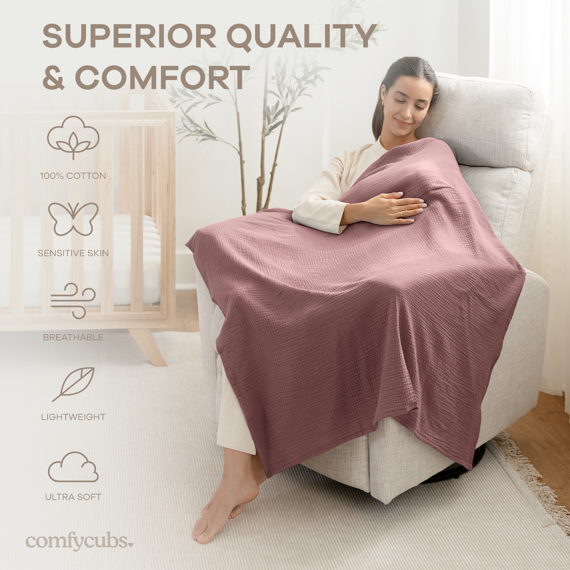 Muslin Swaddle Blankets, 42” x 42” in Cream, Blush, Mauve, Pack of 3 | Comfy Cubs - additional view