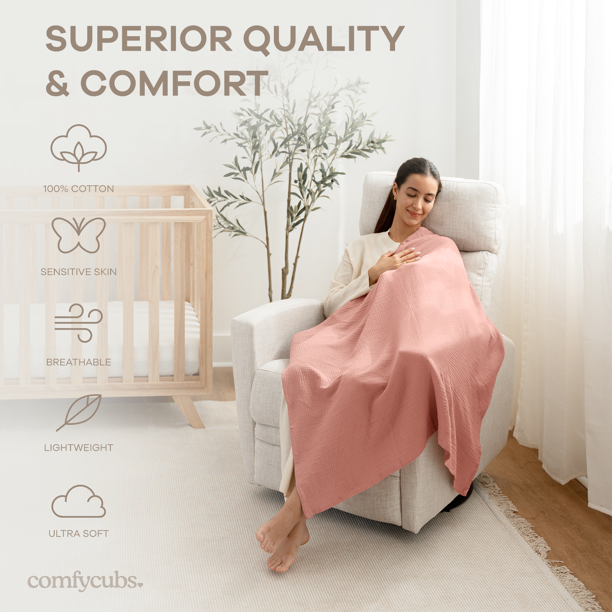 Muslin Swaddle Blankets, 42” x 42” in Blush, Bold Blush, Dusty Rose, Pack of 3 | Comfy Cubs - additional view