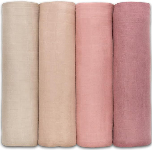 Muslin Swaddle Blankets, 4 Pack - Cream, Blush, Bold Blush, Mauve