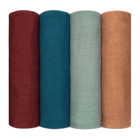 Muslin Swaddle Blankets, 4 Pack - Wine, Neptune, Fern, Caramel