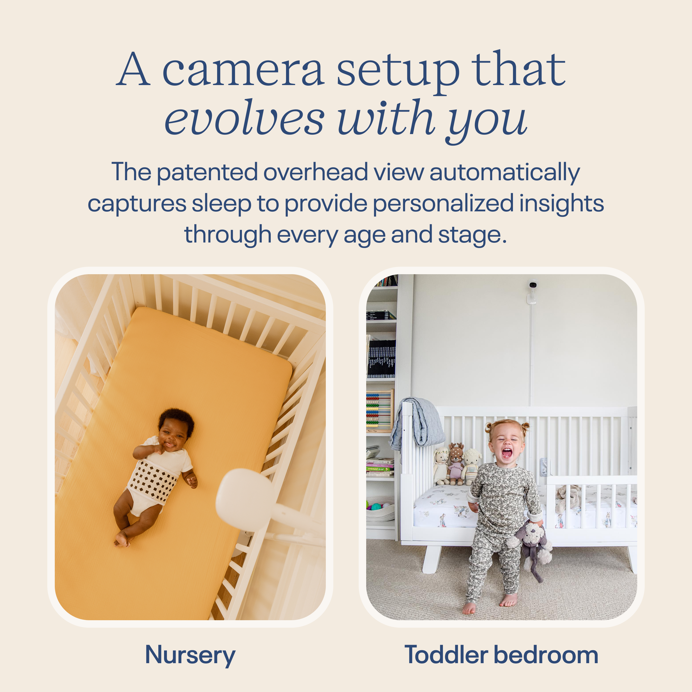 Advertisement for a camera setup with images of a baby in a crib and a toddler in a bedroom.