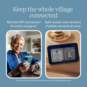 Advertisement for a caregiving device with text 'Keep the whole village connected' and images of a person using a phone and a device displaying multiple cameras.