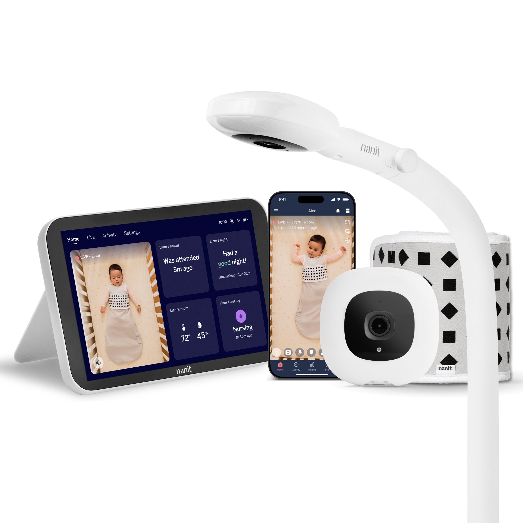 Baby monitor system with display, camera, and smartphone app on a white background