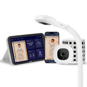 Baby monitor system with display, camera, and smartphone app on a white background