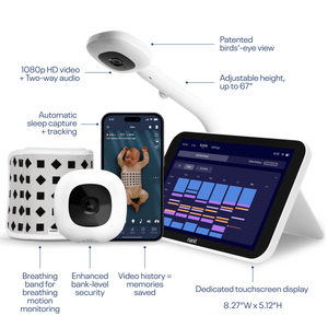 Baby monitoring system with camera, tablet, and smartphone displaying baby's video feed on a white background.