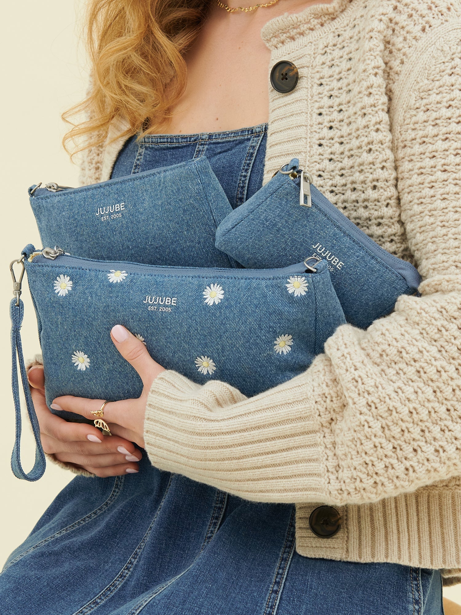 3-piece Pouch Clutch Purse Set - Denim & Daisies