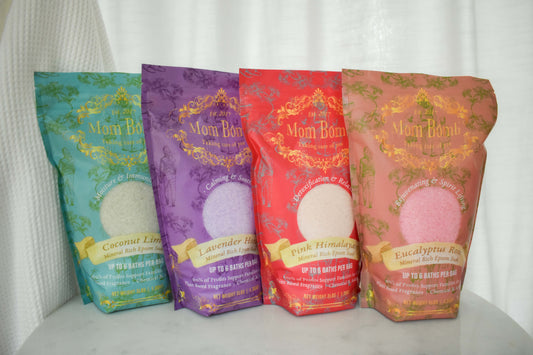 Mom Bomb's Better for You Big Soak Bundle 1 each of our 3lb Better For You Salts includes Eucalyptus Rose, Lavender Honey, Coconut Lime, and Pink Himalayan