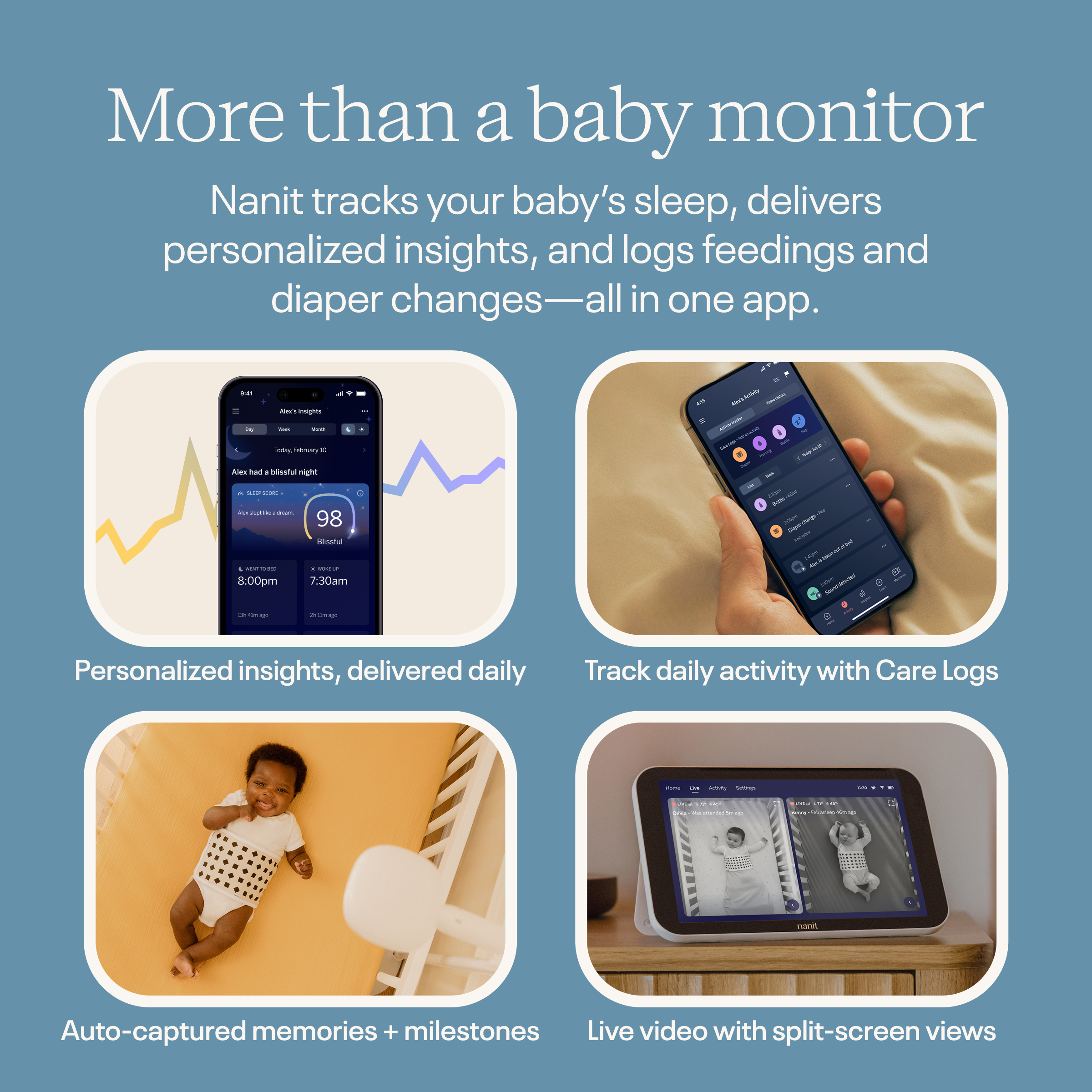 Nanit baby monitor app features on a blue background