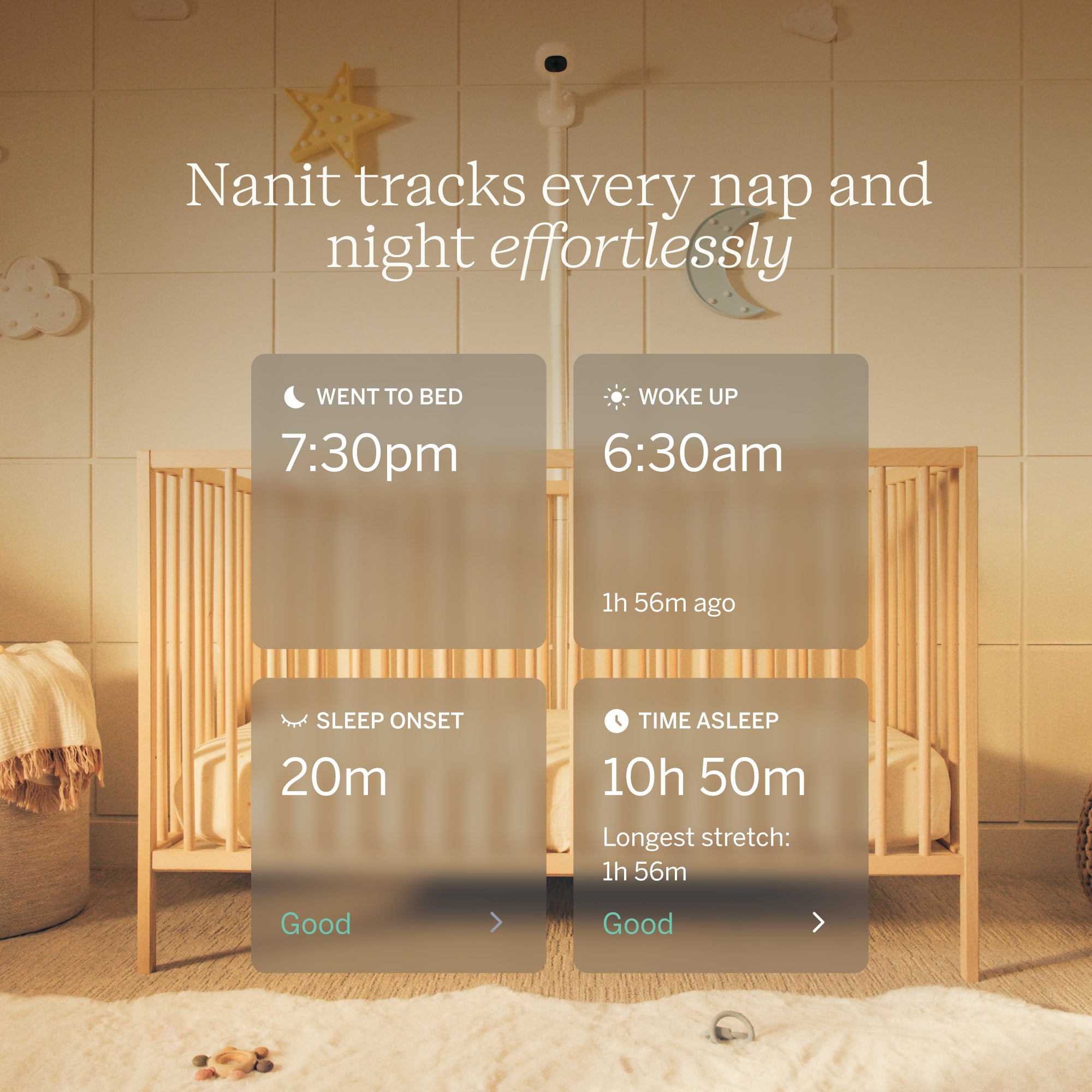 Nanit baby monitor display in a nursery with crib and decorative items.