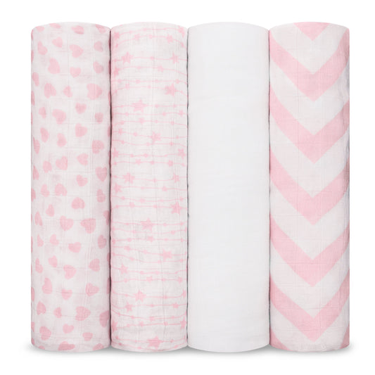 Muslin Swaddle Blankets, 4 Pack - Pink