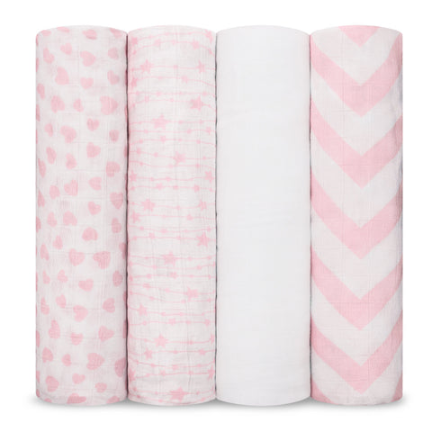 Comfy Cubs Muslin Swaddle Blankets, 4 Pack - Pink