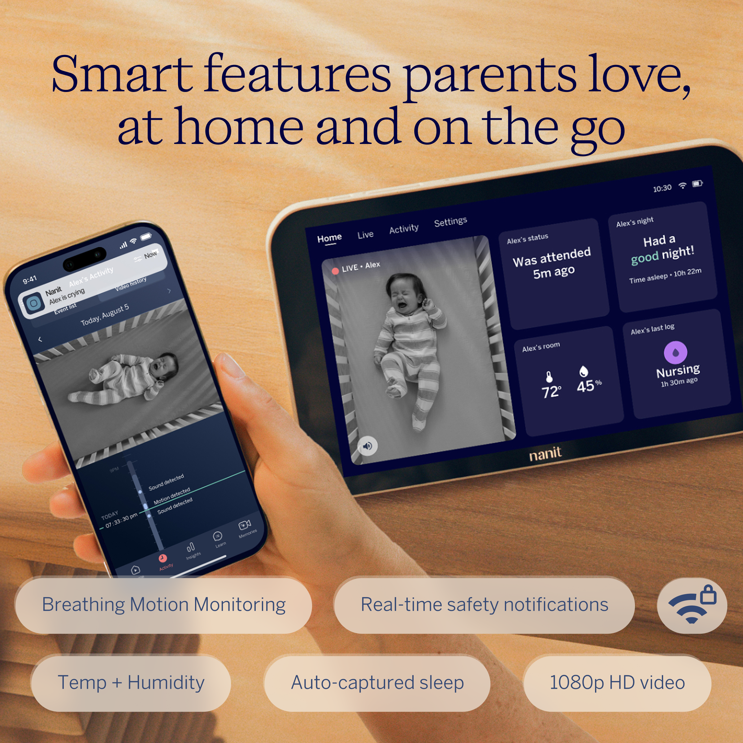 Smart baby monitor device and app on a wooden surface with text highlighting features.