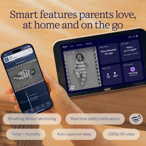 Smart baby monitor device and app on a wooden surface with text highlighting features.