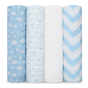 Muslin Swaddle Blankets 47” x 47” in Blue, 4 Pack | Comfy Cubs