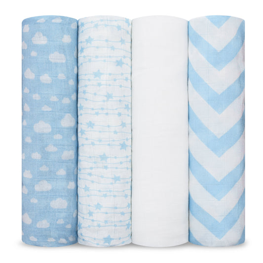 Muslin Swaddle Blankets, 4 Pack - Blue