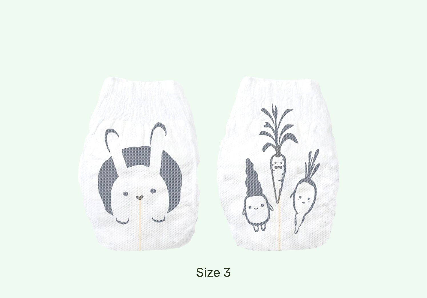 Two white pouches with cat and mouse designs on a light green background