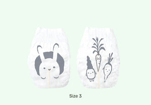 Two white pouches with cat and mouse designs on a light green background
