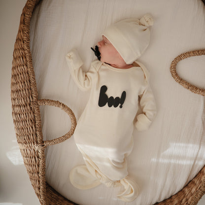 Ribbed Knotted Baby Gown + Beanie Set