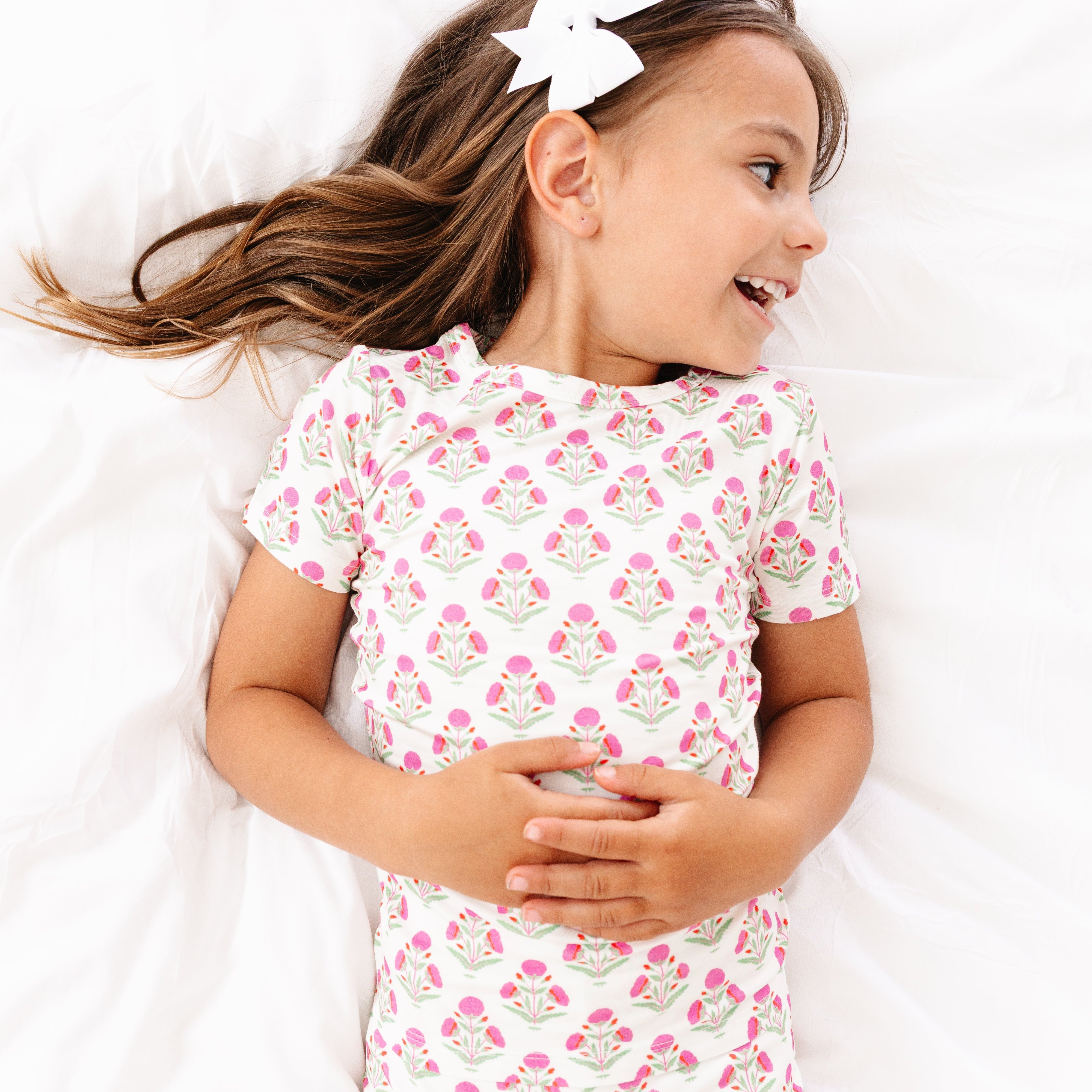 Pink Posy Short Sleeve & Shorts Bamboo Toddler Pajama Set | Motette - additional view