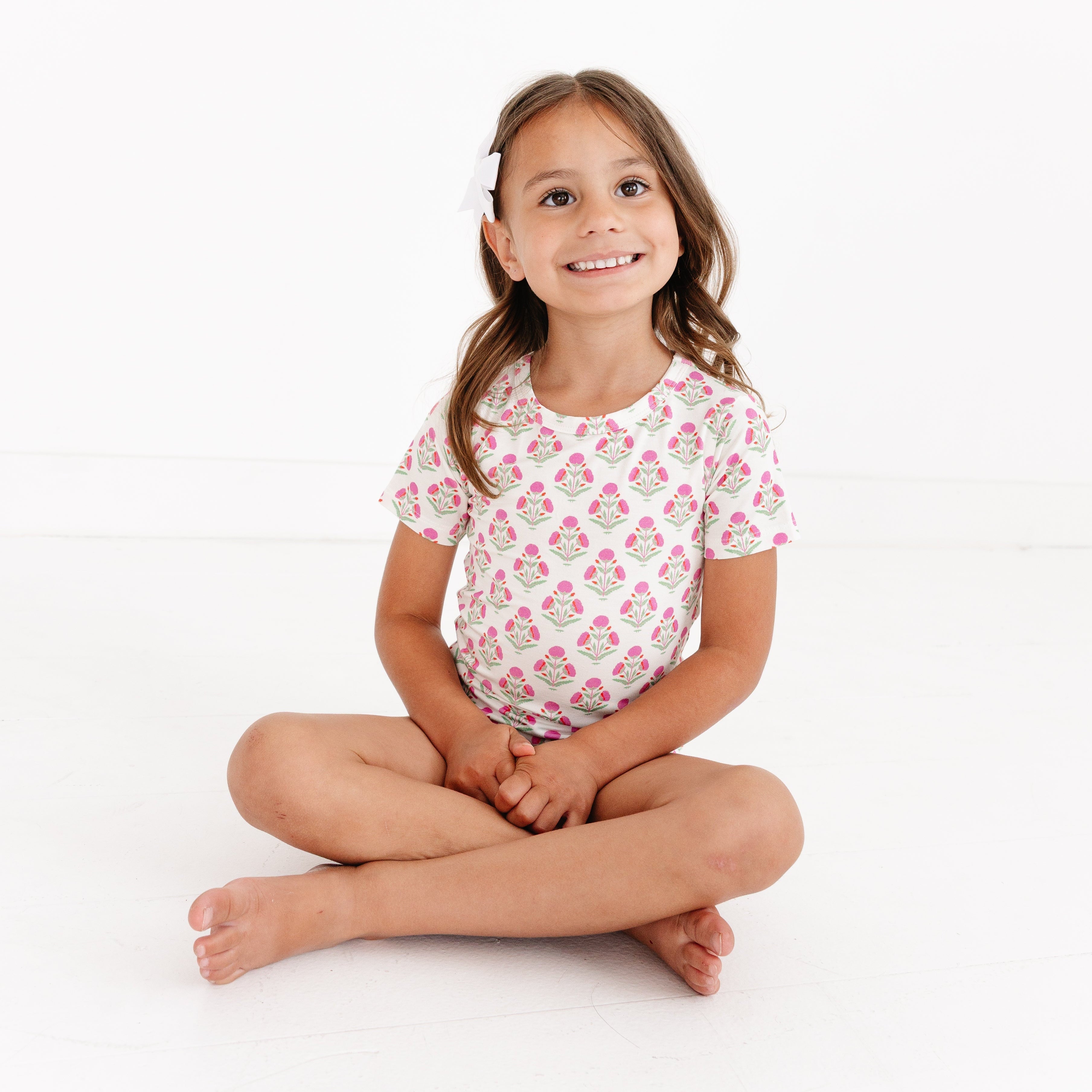 Pink Posy Short Sleeve & Shorts Bamboo Toddler Pajama Set | Motette - additional view