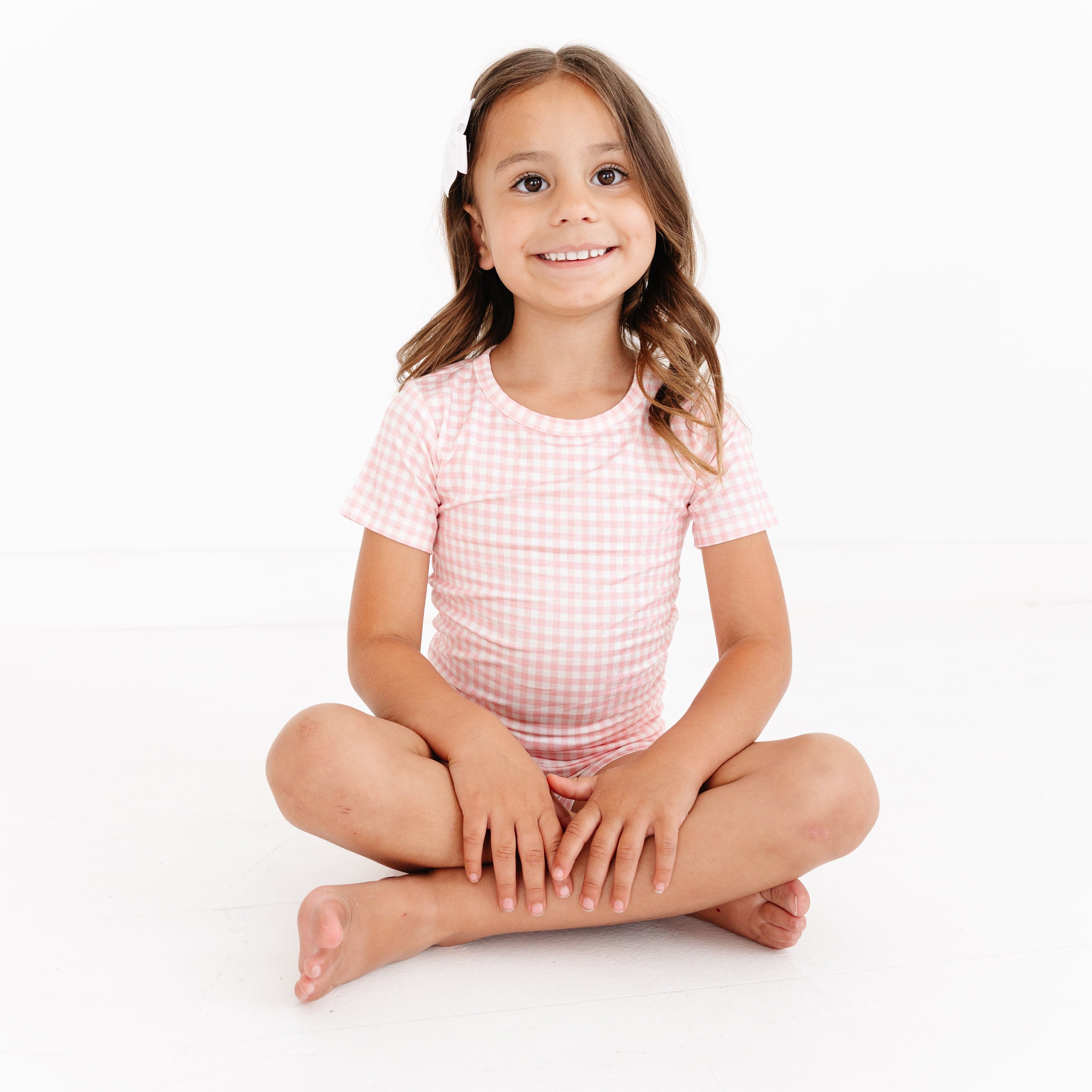 Sugar Gingham Short Sleeve & Shorts Bamboo Toddler Pajama Set | Motette - additional view