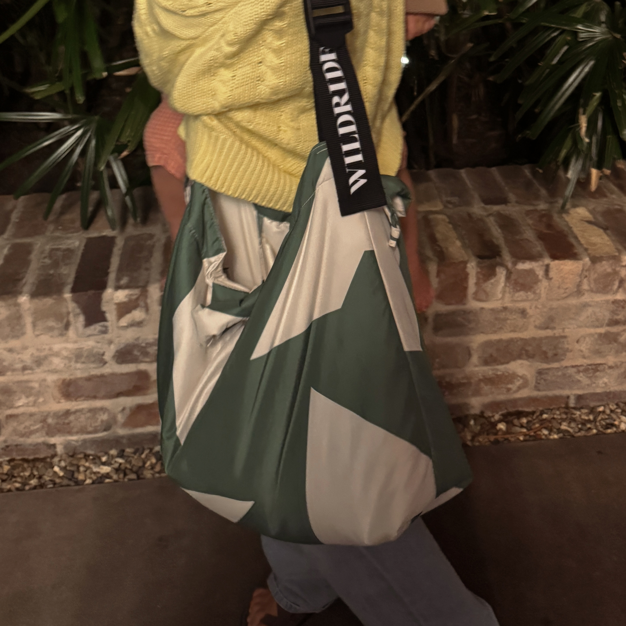 green graphic shoulder mom bag